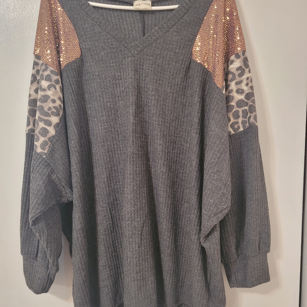 Gray Sweater with Sequin and Animal Print Accents